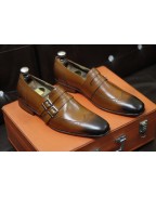 Brown Shaded Leather Double Buckle Shoes