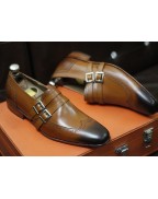 Brown Shaded Leather Double Buckle Shoes