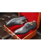 Men's Grey Leather Buckle Strap Shoes