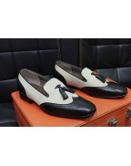 Black White Leather Slip On Shoes