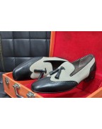 Black White Leather Slip On Shoes