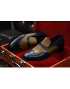 Navy Blue & Tan Leather Loafer Shoes