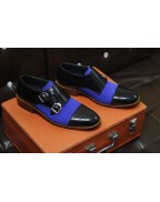 Black Leather Blue Suede Double Buckle Shoes