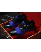 Black Leather Blue Suede Double Buckle Shoes