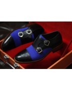 Black Leather Blue Suede Double Buckle Shoes