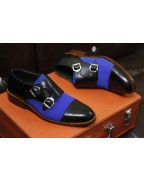 Black Leather Blue Suede Double Buckle Shoes