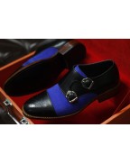 Black Leather Blue Suede Double Buckle Shoes